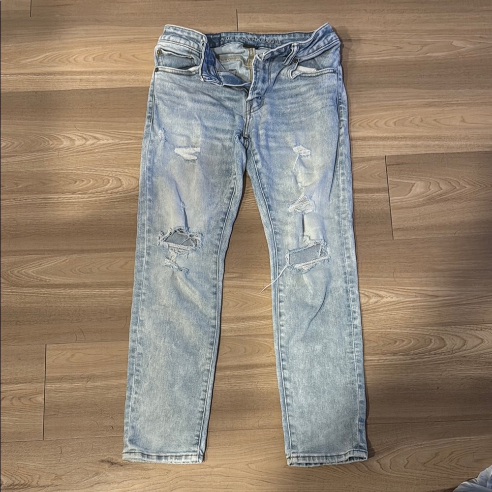 American Eagle Outfitters Blue Skinny Jeans with Distressed Details
